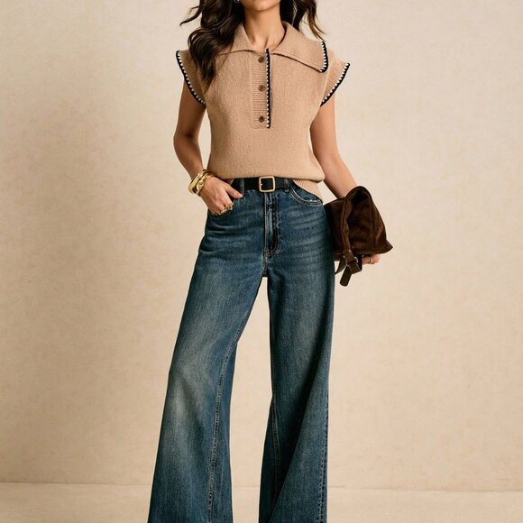 Apricot Casual Women's Floral Trim Polo Collar Loose Knit Vest - Picture 3 of 8